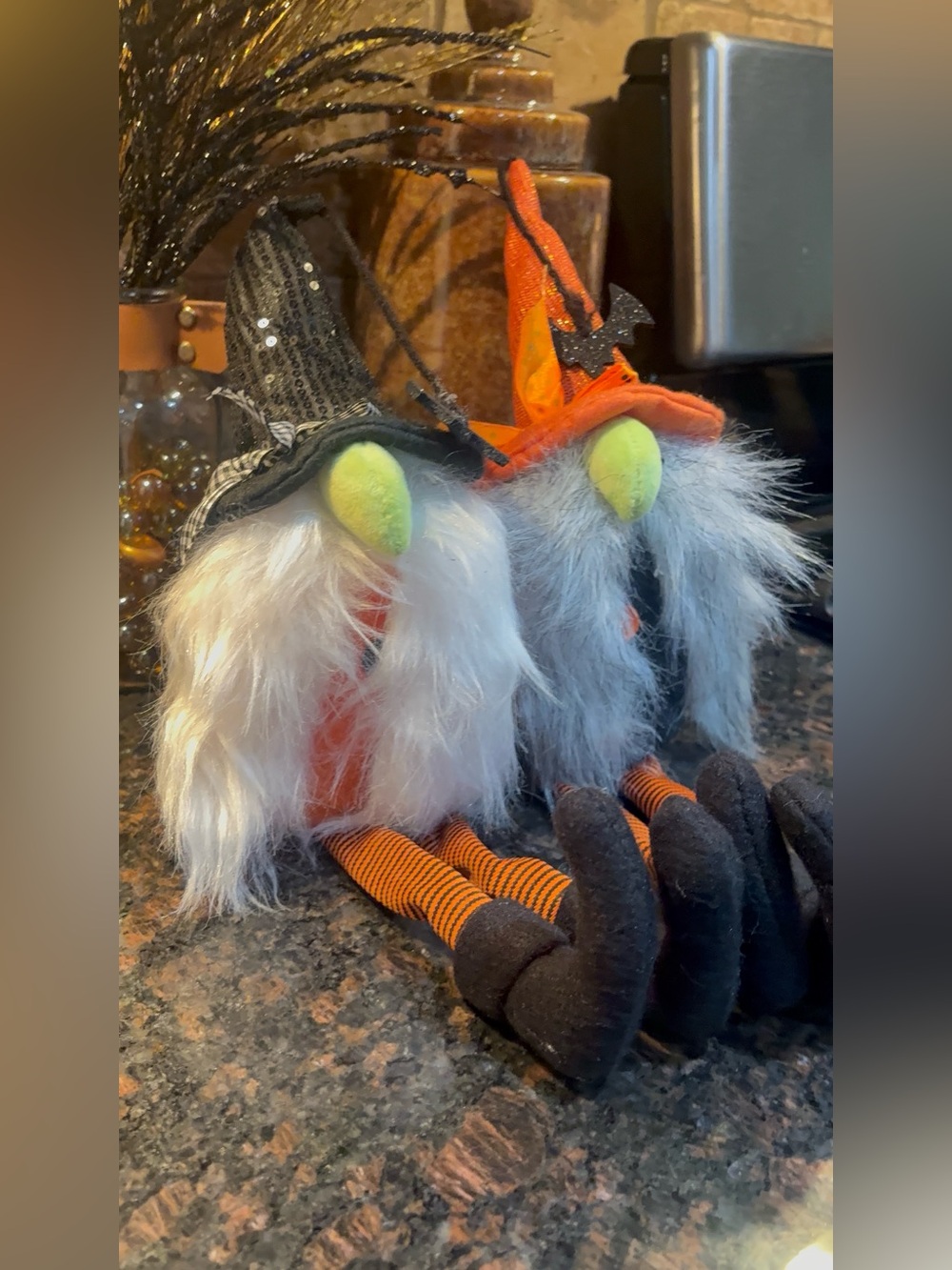 Set of 2 Halloween Plush Gnomes Witch Shelf Sitters Long Striped Legs